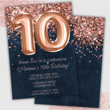 Invitación de cumpleaños número 10 en rosa dorado
