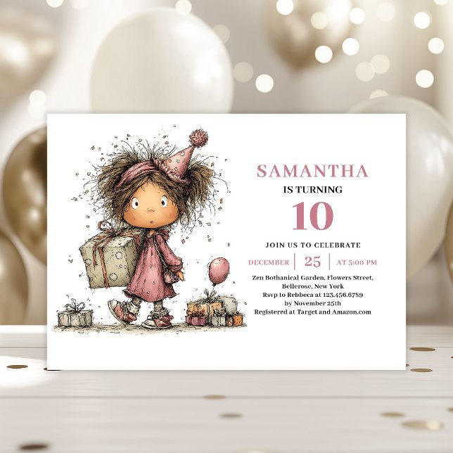 Invitación de cumpleaños número 10 Funny Girl Dust (Funny Girl 10th Birthday Invitation Dusty Pink)