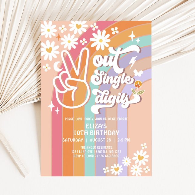 Invitación de cumpleaños número 10 groovy Peace Ou (Subido por el creador)