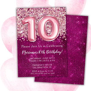 Invitación de cumpleaños número 10 niña magenta ro