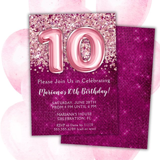 Invitación de cumpleaños número 10 niña magenta ro (Subido por el creador)