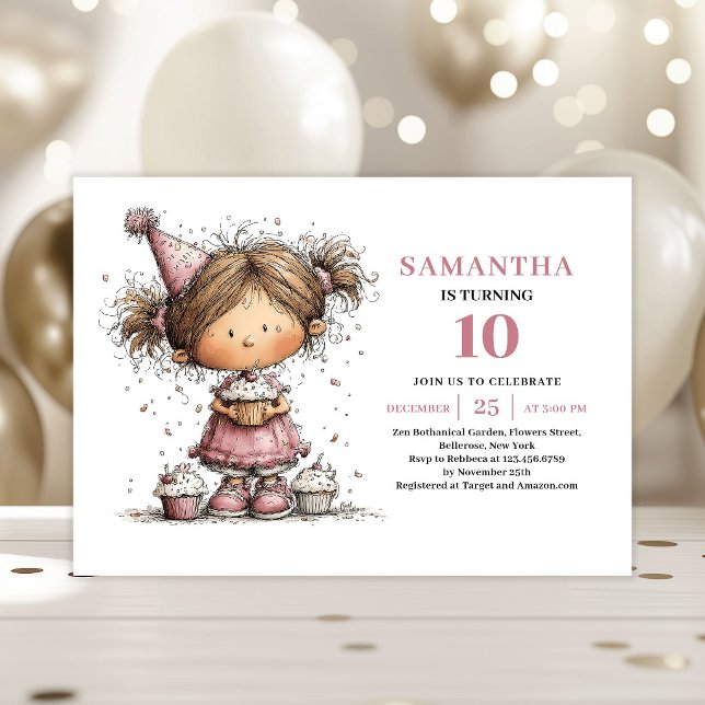 Invitación de cumpleaños número 10 para niña capri (Whimsical Girl 10th Birthday Invitation Dusty Pink)