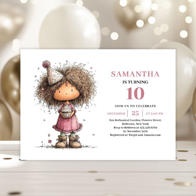 Invitación de cumpleaños número 10 para niña peque (Whimsy Toddler Girl 10th Birthday Invite Pink Card)