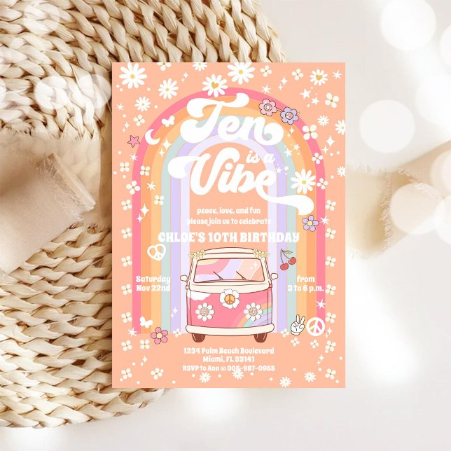 Invitación de cumpleaños número 10 Retro Hippie (Subido por el creador)