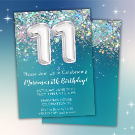 Invitación de cumpleaños número 11 con brillo teal