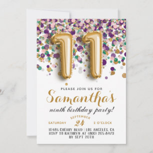invitación de cumpleaños número 11 con confeti
