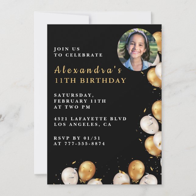 invitación de cumpleaños número 11 con globo de or (Anverso)