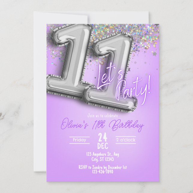 Invitación de cumpleaños número 11 con purpurina m (Anverso)