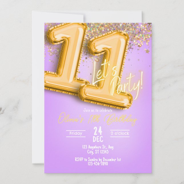 Invitación de cumpleaños número 11 con purpurina m (Anverso)