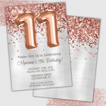 Invitación de cumpleaños número 11 con rosa dorado