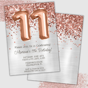 Invitación de cumpleaños número 11 con rosa dorado