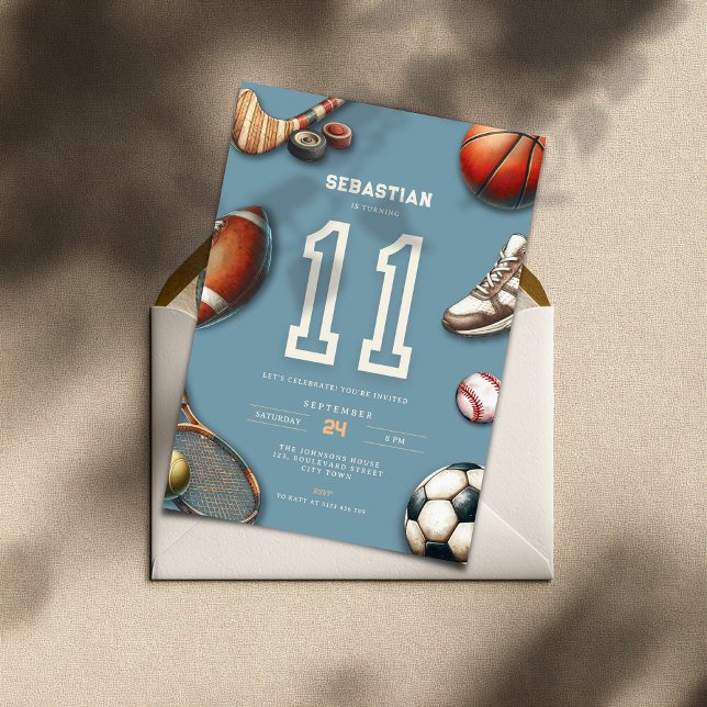 Invitación de cumpleaños número 11 de All Star Spo (All Star Sports 11th birthday invitation for teen boys)