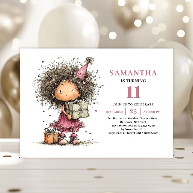 Invitación de cumpleaños número 11 de Whimsy Kids  (Whimsy Kids 11th Birthday Invite Pink Printable)