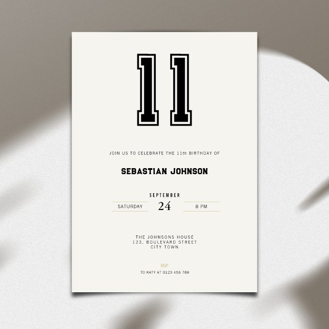 Invitación de cumpleaños número 11 - Estilo deport (11th birthday invitation simple sport design for teenagers)