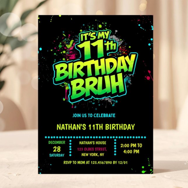 Invitación de cumpleaños número 11 estilo graffiti (neon 11th birthday invitation, eleventh birthday invitation, editable double digits invitation, neon)