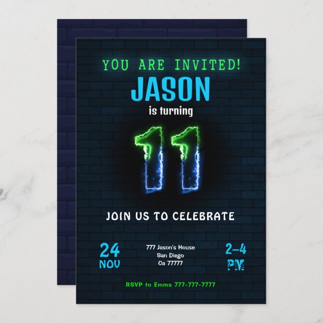 Invitación de cumpleaños número 11 para niño (Anverso / Reverso)
