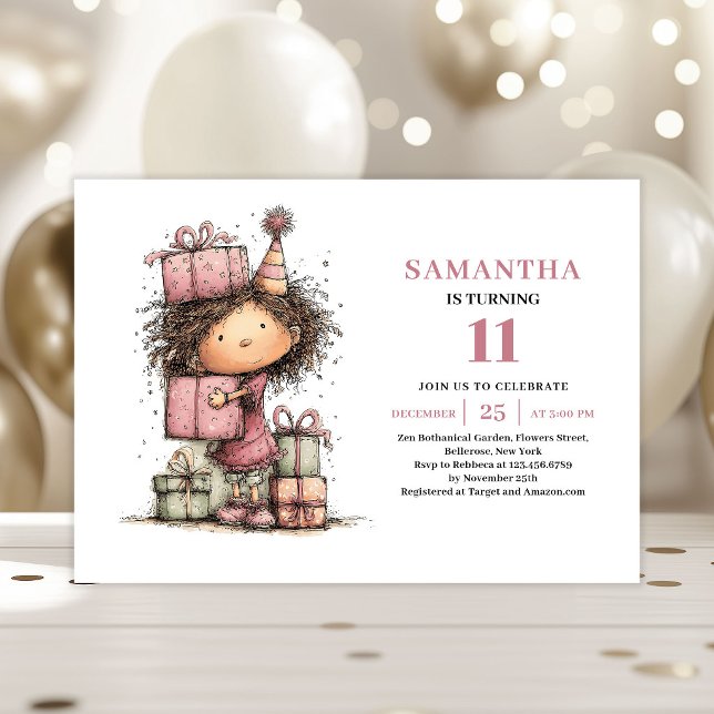 Invitación de cumpleaños número 11 para niños con  (Funny Whimsy Kids 11th Birthday Invitation Pink)