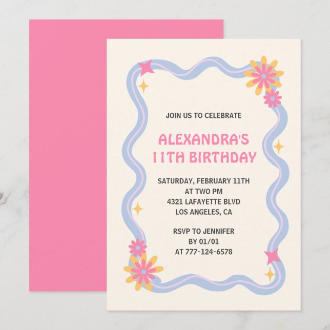 invitación de cumpleaños número 11 Retro Groovy Fl (Anverso / Reverso)