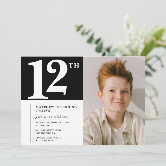 Invitación de cumpleaños número 12 Chic foto blanc (Anverso de pie)