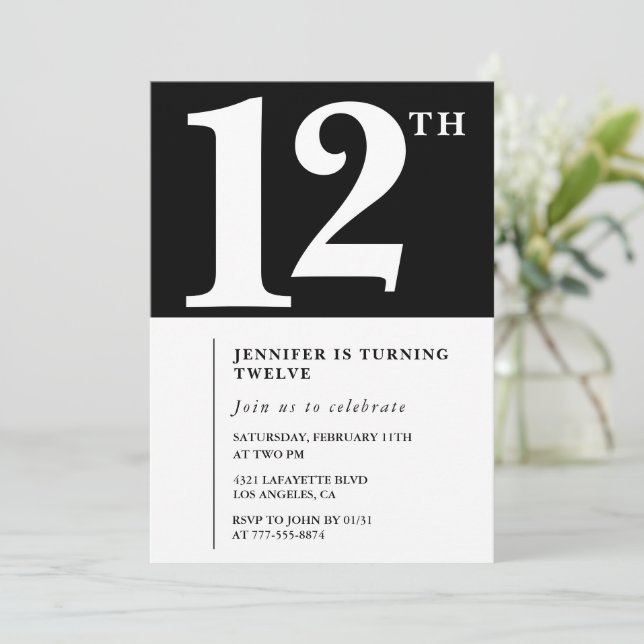 Invitación de cumpleaños número 12 Chic niña negro (Anverso de pie)
