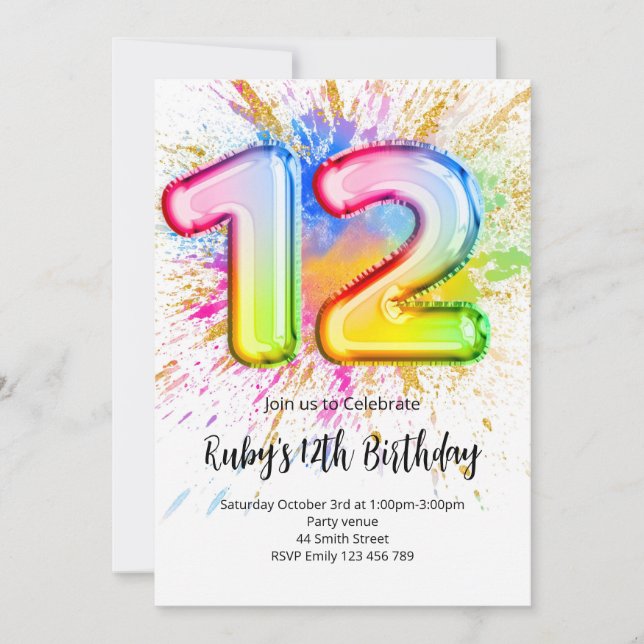 Invitación de cumpleaños número 12 con arcoíris (Anverso)