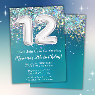Invitación de cumpleaños número 12 con brillo teal