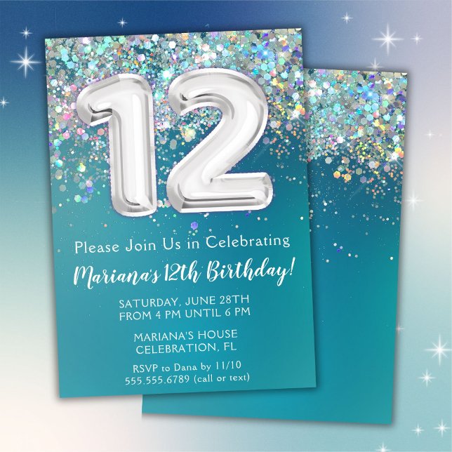 Invitación de cumpleaños número 12 con brillo teal (Subido por el creador)