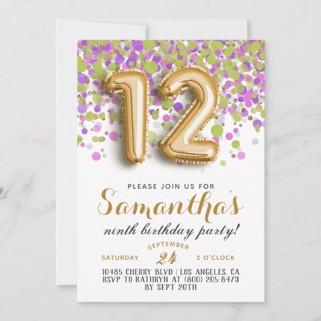Invitación de cumpleaños número 12 con confeti (Anverso)