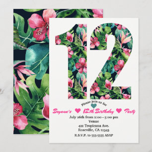 Invitación de cumpleaños número 12 con flores trop