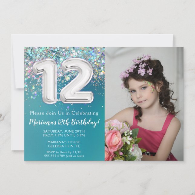 Invitación de cumpleaños número 12 con foto, brill (Anverso)