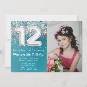Invitación de cumpleaños número 12 con foto, brill