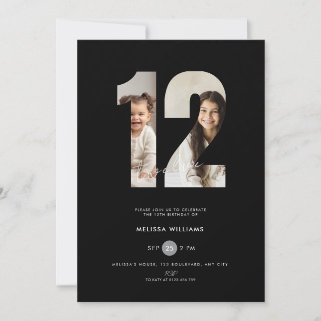 Invitación de cumpleaños número 12 con foto para n (Anverso)