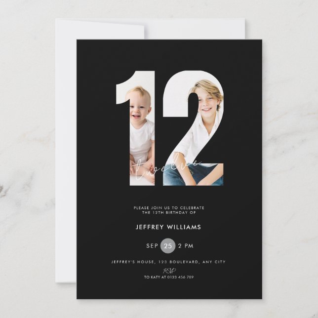 Invitación de cumpleaños número 12 con foto para n (Anverso)