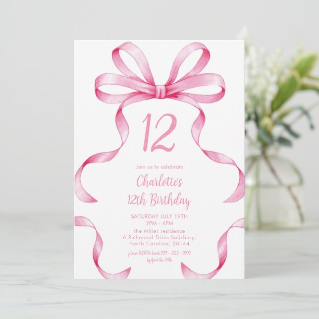 Invitación de cumpleaños número 12 con lazo coquet (Anverso de pie)
