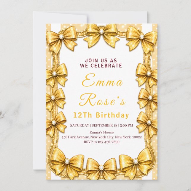 Invitación de cumpleaños número 12 con lazo dorado (Anverso)
