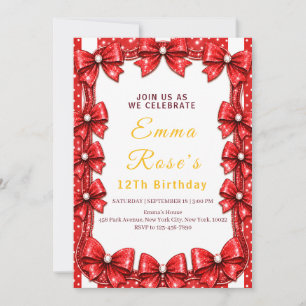 Invitación de cumpleaños número 12 con lazo rojo