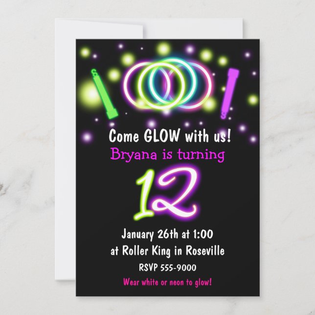 Invitación de cumpleaños número 12 con luces GLOW  (Anverso)