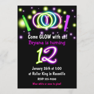 Invitación de cumpleaños número 12 con luces GLOW 