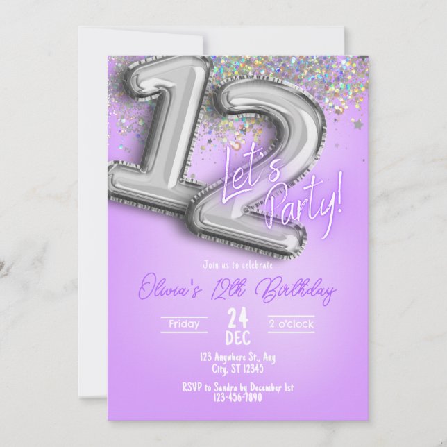 Invitación de cumpleaños número 12 con purpurina m (Anverso)