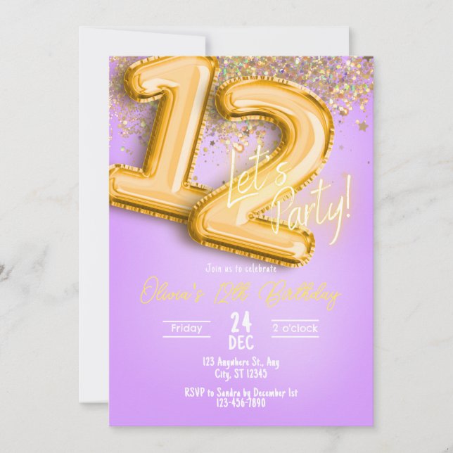 Invitación de cumpleaños número 12 con purpurina p (Anverso)