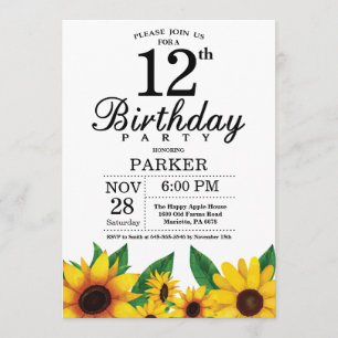 Invitación de cumpleaños número 12 de girasol