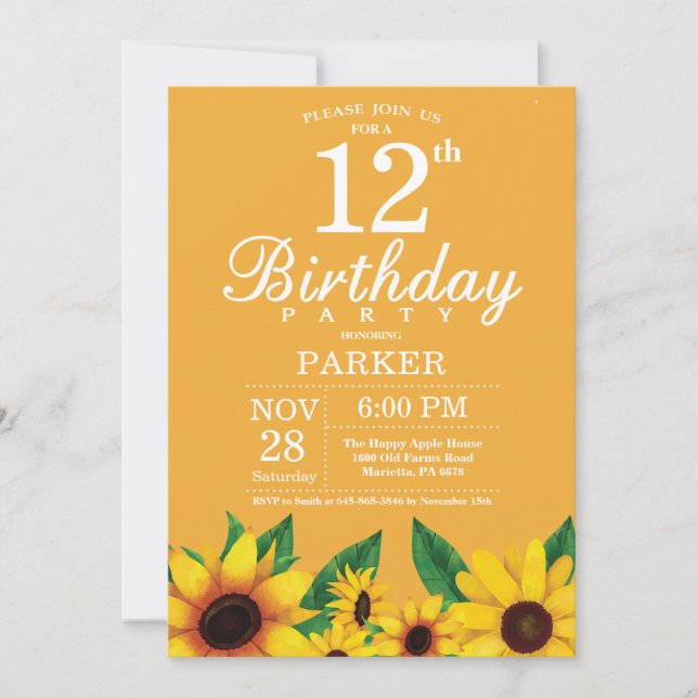 Invitación de cumpleaños número 12 de girasol (Anverso)