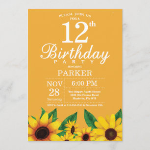 Invitación de cumpleaños número 12 de girasol