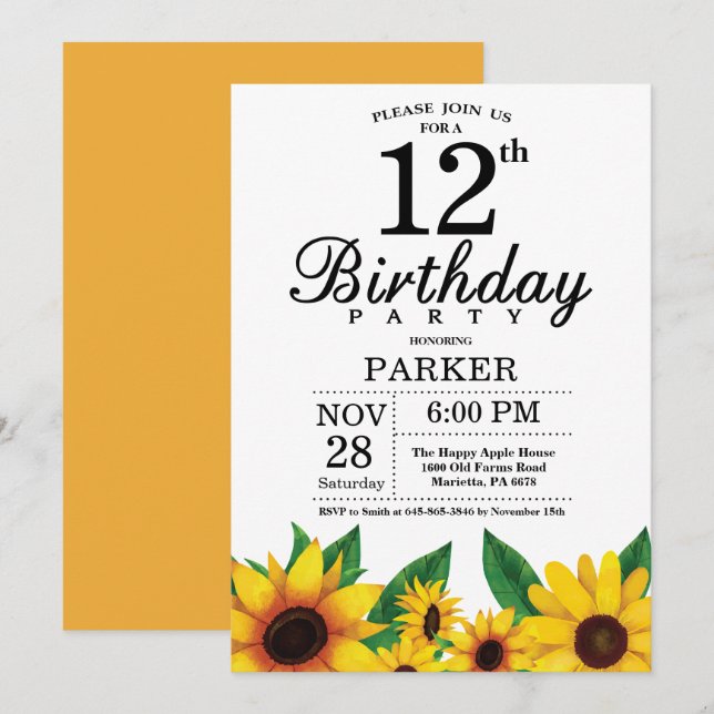Invitación de cumpleaños número 12 de girasol (Anverso / Reverso)