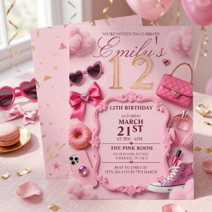 Invitación de cumpleaños número 12 de glamour rosa