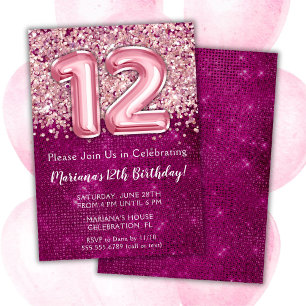 Invitación de cumpleaños número 12 niña magenta ro