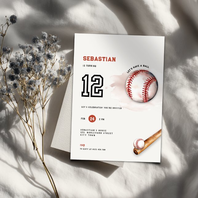 Invitación de cumpleaños número 12 para fiesta inf (Baseball 12th birthday invitation)