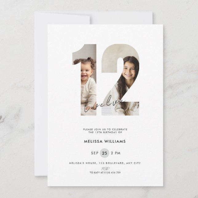 Invitación de cumpleaños número 12 para niñas - Bl (Anverso)