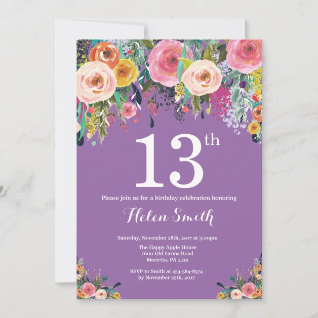 Invitación de cumpleaños número 13 a Purple Floral (Anverso)
