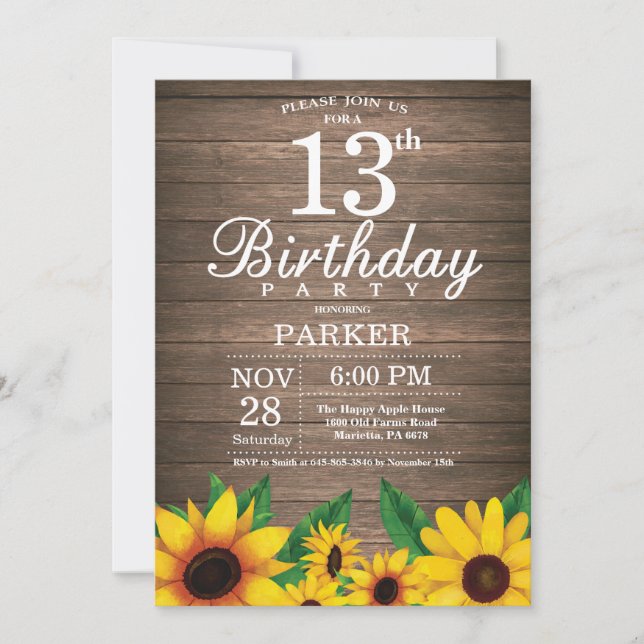 Invitación de cumpleaños número 13 a Rustic Sunflo (Anverso)
